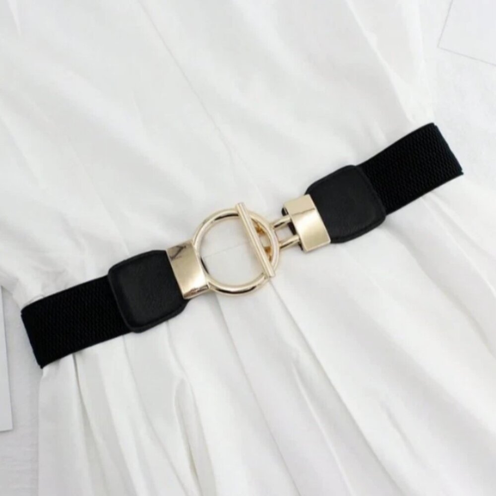 Elastic Womens Gold Buckle Hook & Loop Belt Black